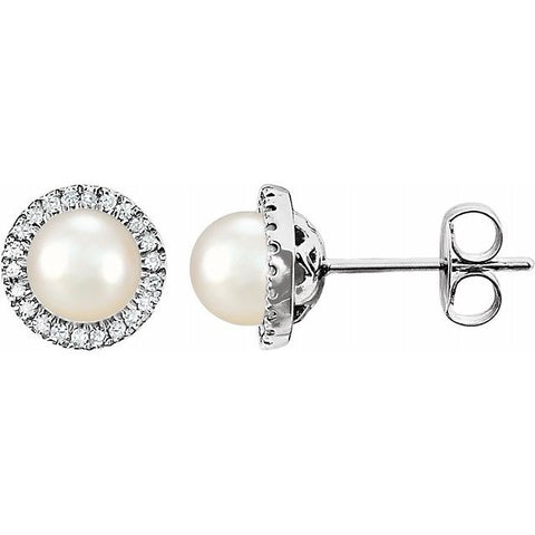 Freshwater Pearl & Diamond Halo Earrings 1/8 ctw - 14K White Gold