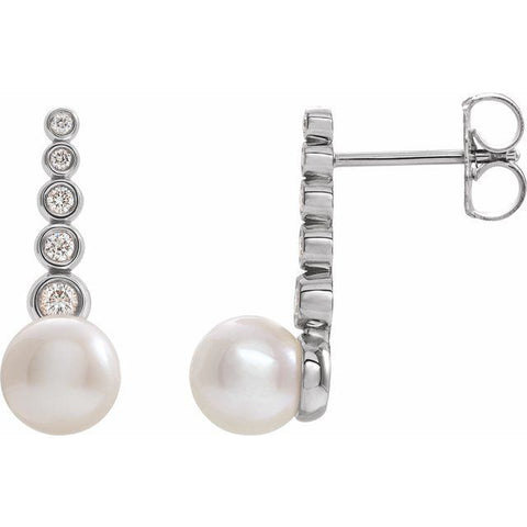 Freshwater Pearl & Diamond Earrings 1/8 ctw - 14K White Gold