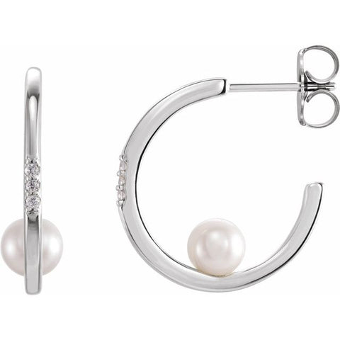 Freshwater Pearl & Diamond Hoop Earrings .025 ctw - 14K White Gold